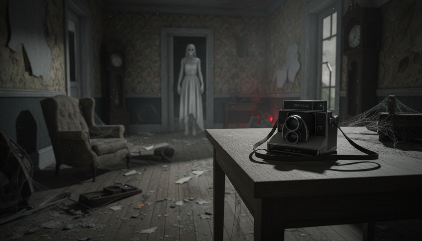 Câmera Polaroid antiga sobre mesa de madeira em sala escura e assustadora do jogo MADiSON (PC), com figura fantasmagórica no fundo.