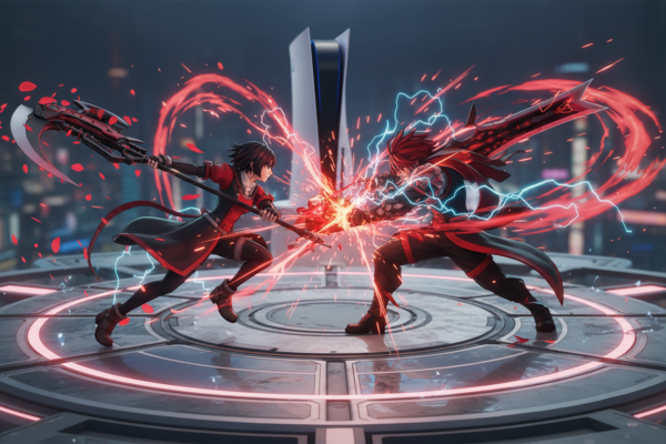 Personagens de BlazBlue Cross Tag Battle em luta no PlayStation 5