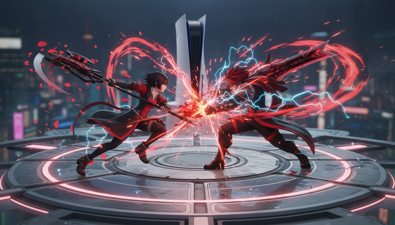 Personagens de BlazBlue Cross Tag Battle em luta no PlayStation 5