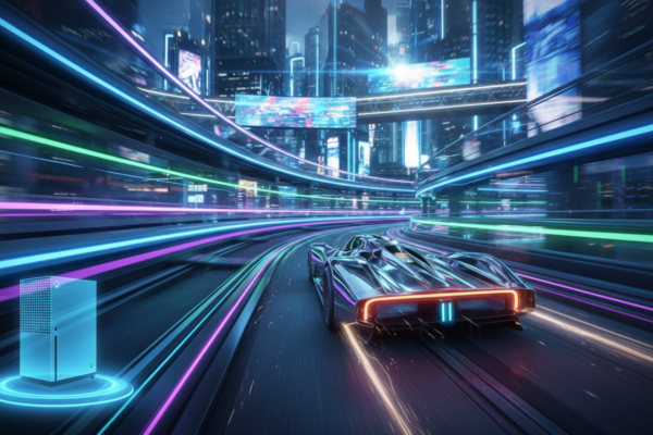 Carro de corrida futurista em pista neon com Xbox Series S ao fundo, simbolizando os jogos de corrida de 2026