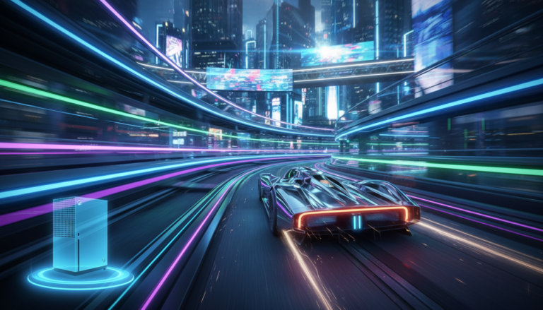 Carro de corrida futurista em pista neon com Xbox Series S ao fundo, simbolizando os jogos de corrida de 2026