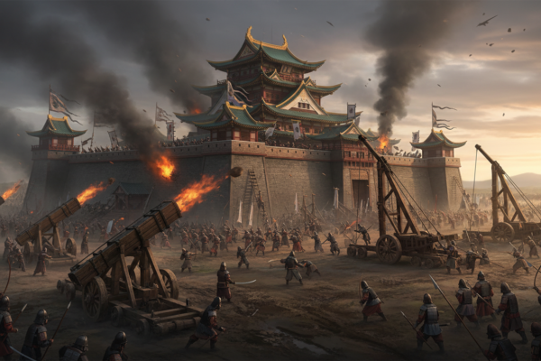 Castelo medieval asiático sendo atacado por exércitos e máquinas de cerco, cenário de Stronghold Warlords.