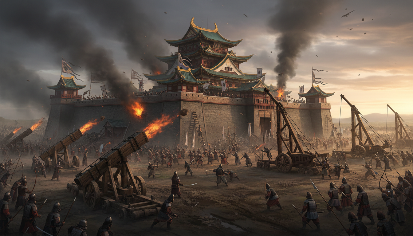 Castelo medieval asiático sendo atacado por exércitos e máquinas de cerco, cenário de Stronghold Warlords.