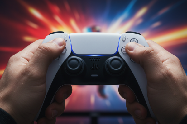 Controle DualSense PS5 em mãos, jogando um dos 5 jogos de luta mais desafiadores