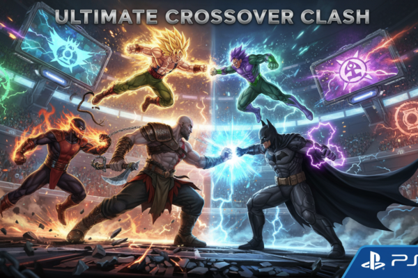 Ilustração de personagens de luta icônicos como Ryu, Scorpion, Kratos e Batman se enfrentando em um crossover de jogos no PlayStation 5.