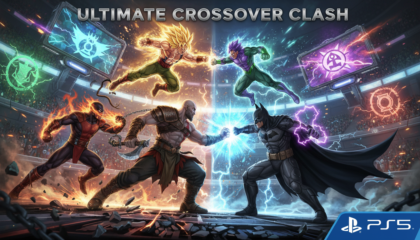 Ilustração de personagens de luta icônicos como Ryu, Scorpion, Kratos e Batman se enfrentando em um crossover de jogos no PlayStation 5.