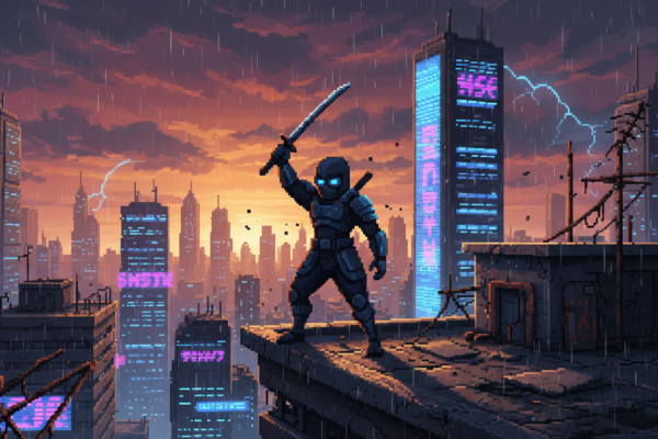 Ninja pixel art Cyber Shadow em cenário cyberpunk com katana