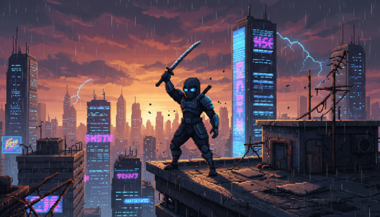 Ninja pixel art Cyber Shadow em cenário cyberpunk com katana