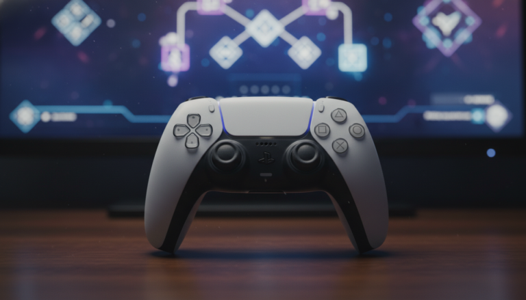 Controle DualSense PS5 em foco com cena de jogo de puzzle em segundo plano, representando a experiência de jogos de puzzle no PlayStation 5.