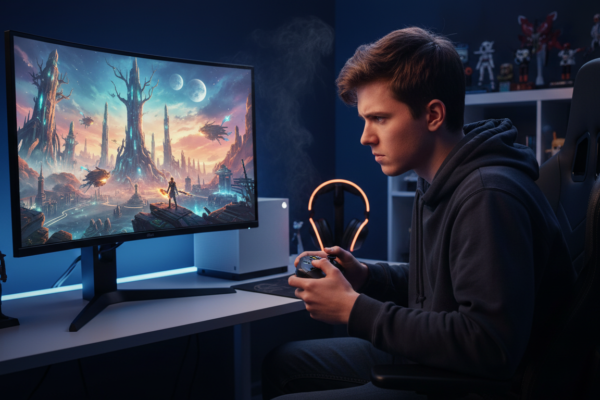 Jogador com controle Xbox Series S, tela de jogo de ação e aventura, gráficos 2026