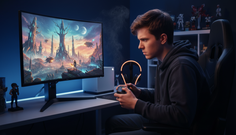 Jogador com controle Xbox Series S, tela de jogo de ação e aventura, gráficos 2026