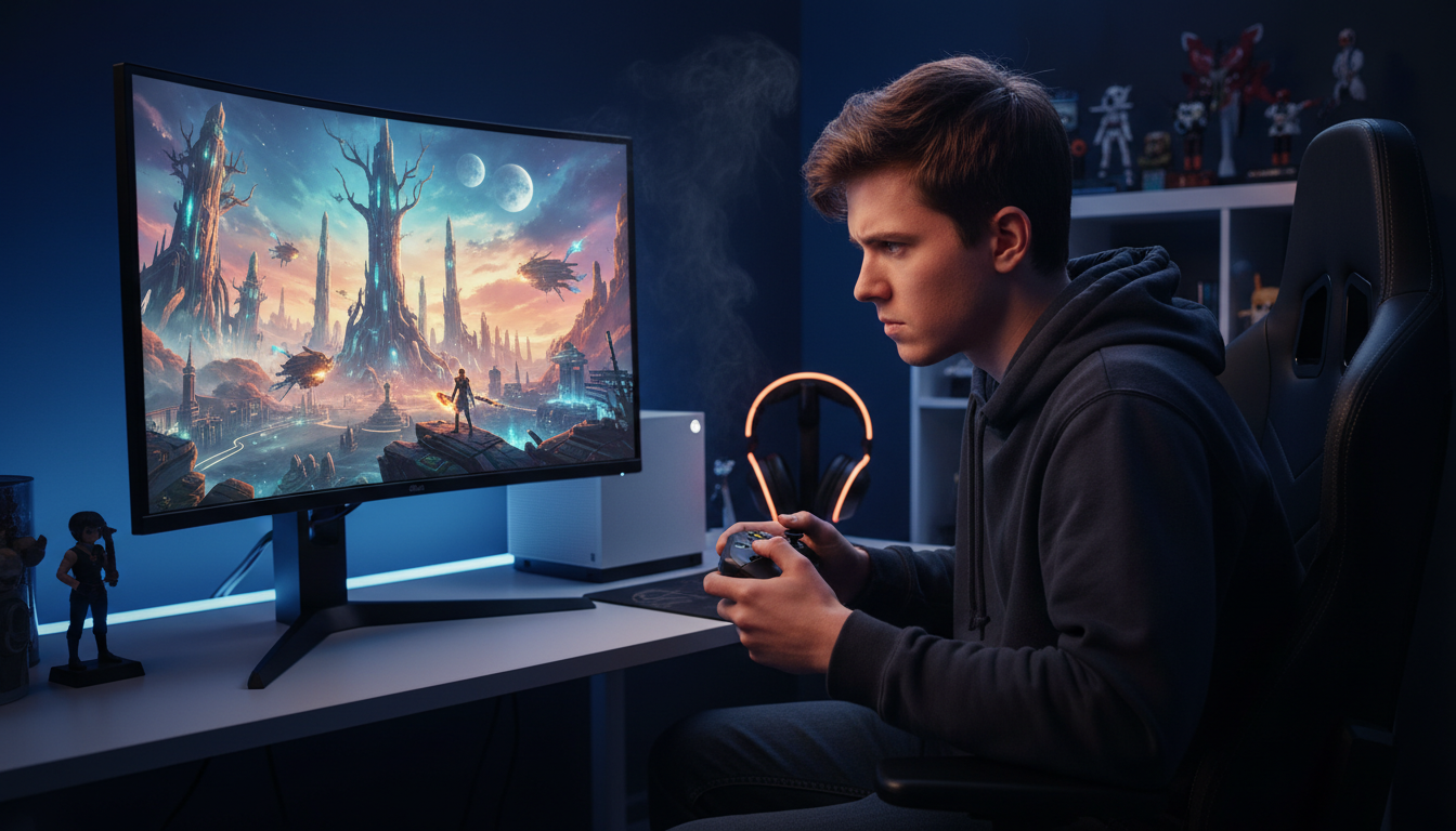 Jogador com controle Xbox Series S, tela de jogo de ação e aventura, gráficos 2026