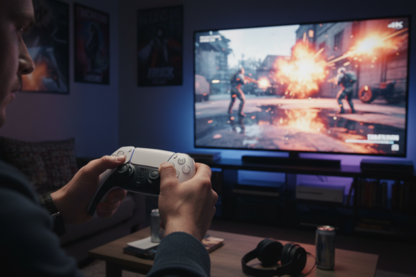 Um jogador imerso em um jogo de tiro para PS5, segurando o controle DualSense com uma tela mostrando ação intensa e gráficos de alta qualidade.
