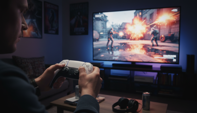 Um jogador imerso em um jogo de tiro para PS5, segurando o controle DualSense com uma tela mostrando ação intensa e gráficos de alta qualidade.