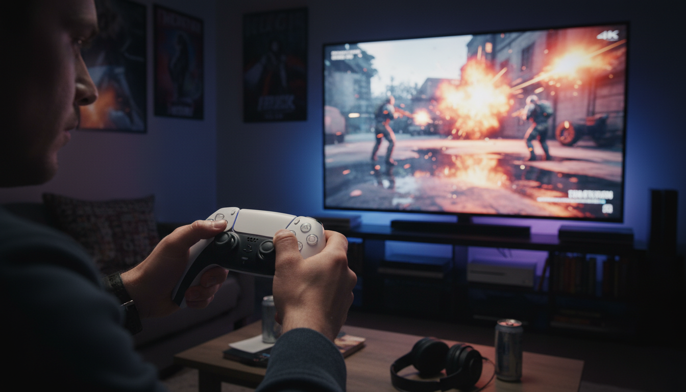 Um jogador imerso em um jogo de tiro para PS5, segurando o controle DualSense com uma tela mostrando ação intensa e gráficos de alta qualidade.