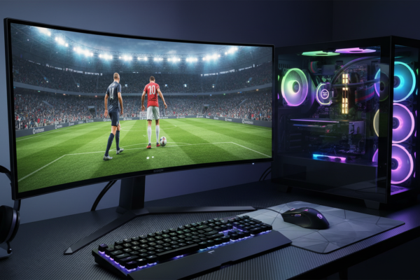 PC gamer com jogo de esportes de 2026, gráficos realistas, ray tracing, atletas em alta definição