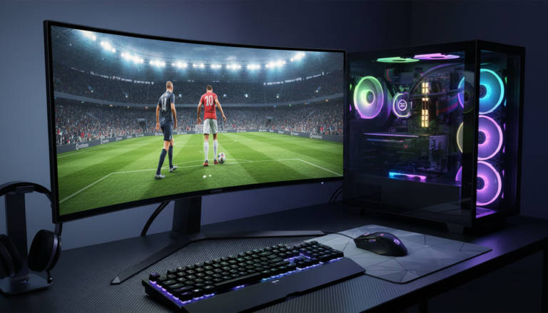 PC gamer com jogo de esportes de 2026, gráficos realistas, ray tracing, atletas em alta definição