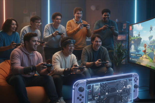 Jogadores diversos com controles adaptativos e Nintendo Switch 2, simbolizando a acessibilidade nos jogos.