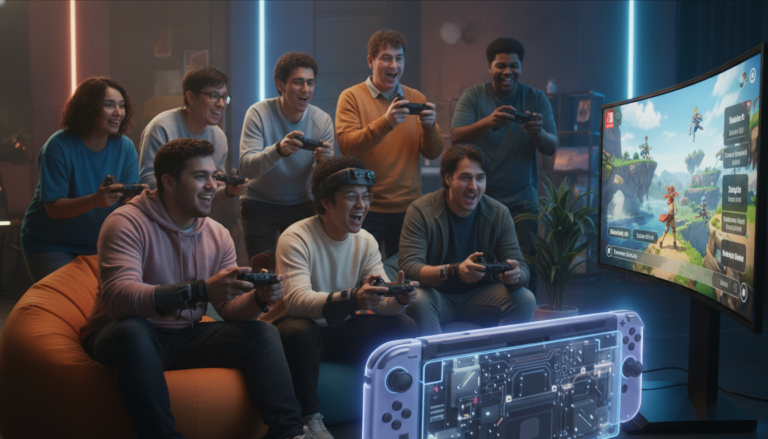 Jogadores diversos com controles adaptativos e Nintendo Switch 2, simbolizando a acessibilidade nos jogos.