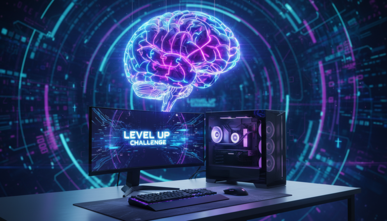 Cérebro de puzzle futurista sobre setup de PC gamer, representando os jogos de puzzle inovadores de 2026.