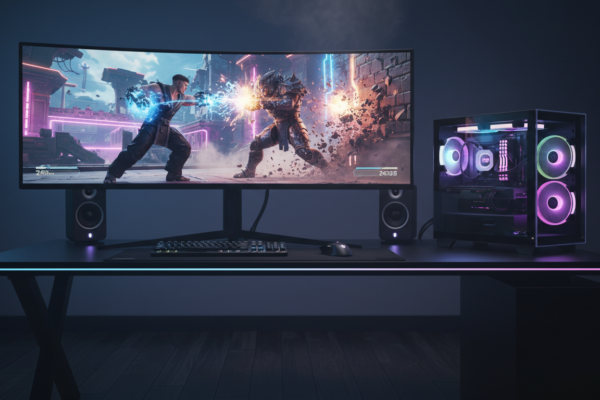 Dois lutadores virtuais em uma arena futurista, exibindo gráficos de ponta e efeitos visuais avançados, representando as inovações em jogos de luta para PC em 2026.