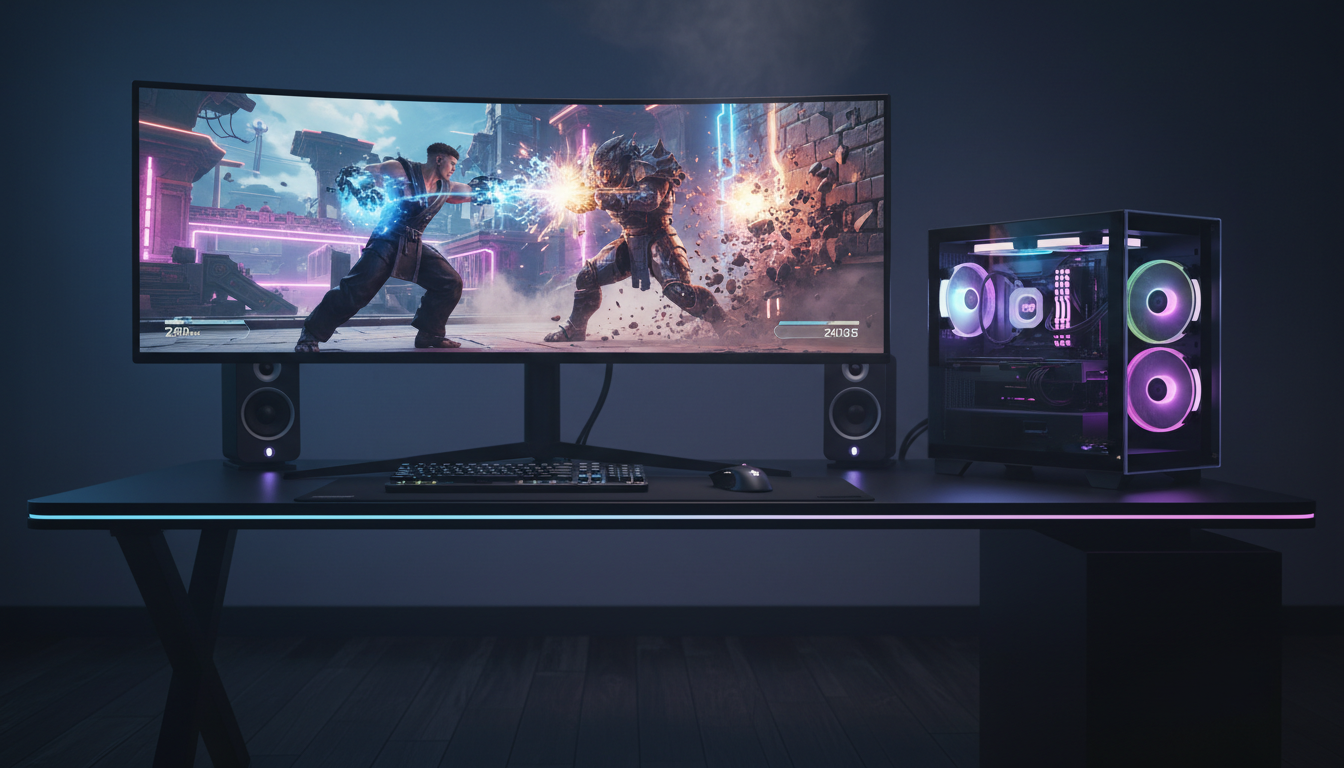 Dois lutadores virtuais em uma arena futurista, exibindo gráficos de ponta e efeitos visuais avançados, representando as inovações em jogos de luta para PC em 2026.