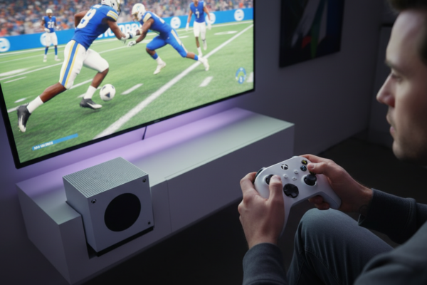 Pessoa jogando Xbox Series S, jogos de esportes, controle Xbox, tela de videogame, gráficos de futebol, gráficos de basquete, console branco