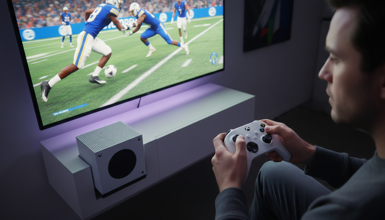Pessoa jogando Xbox Series S, jogos de esportes, controle Xbox, tela de videogame, gráficos de futebol, gráficos de basquete, console branco