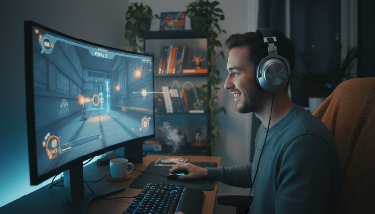 Pessoa jogando puzzle de PC com fones de ouvido, tela mostrando jogo com trilha sonora incrível