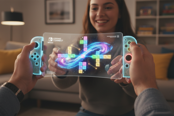 Mãos jogando puzzles multiplayer no Nintendo Switch 2 com Joy-Cons coloridos