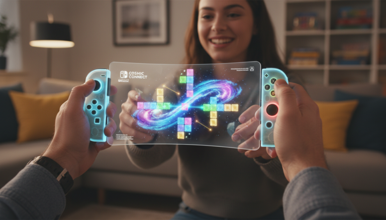 Mãos jogando puzzles multiplayer no Nintendo Switch 2 com Joy-Cons coloridos