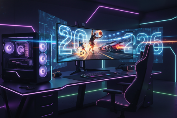 Setup gamer com tela exibindo Top 10 Jogos de Esportes para PC que serão lançados em 2026
