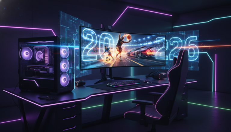 Setup gamer com tela exibindo Top 10 Jogos de Esportes para PC que serão lançados em 2026