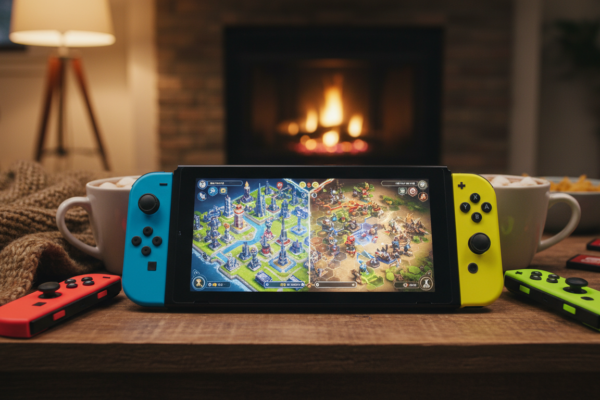 Nintendo Switch com jogo de estratégia multiplayer, controles Joy-Con, estratégia tática, diversão com amigos