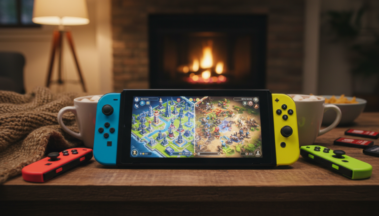 Nintendo Switch com jogo de estratégia multiplayer, controles Joy-Con, estratégia tática, diversão com amigos