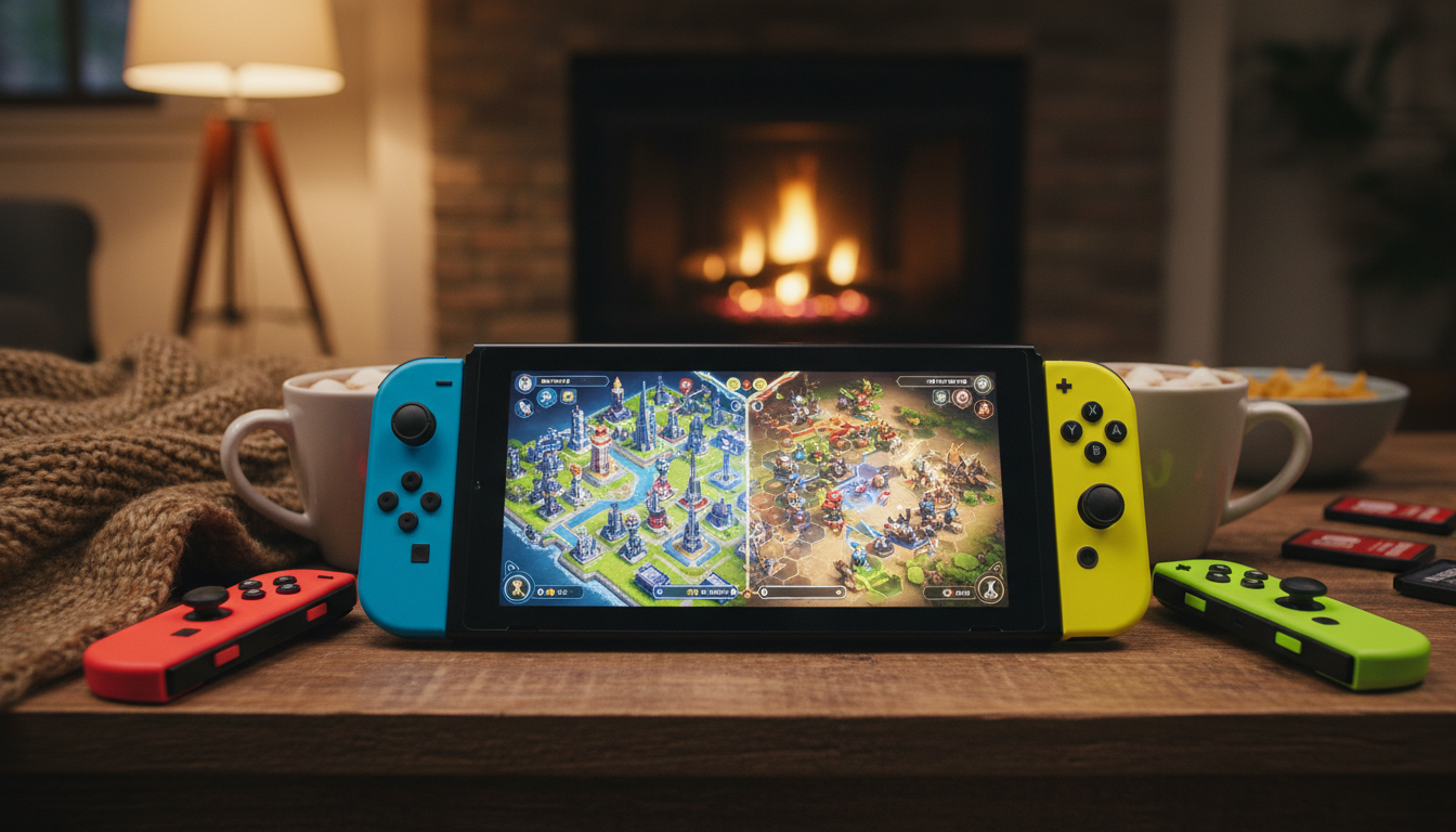 Nintendo Switch com jogo de estratégia multiplayer, controles Joy-Con, estratégia tática, diversão com amigos