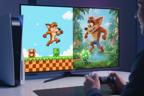Imagem mostrando a evolução de um jogo de plataforma clássico remasterizado para PS5, com Crash Bandicoot ou Spyro.