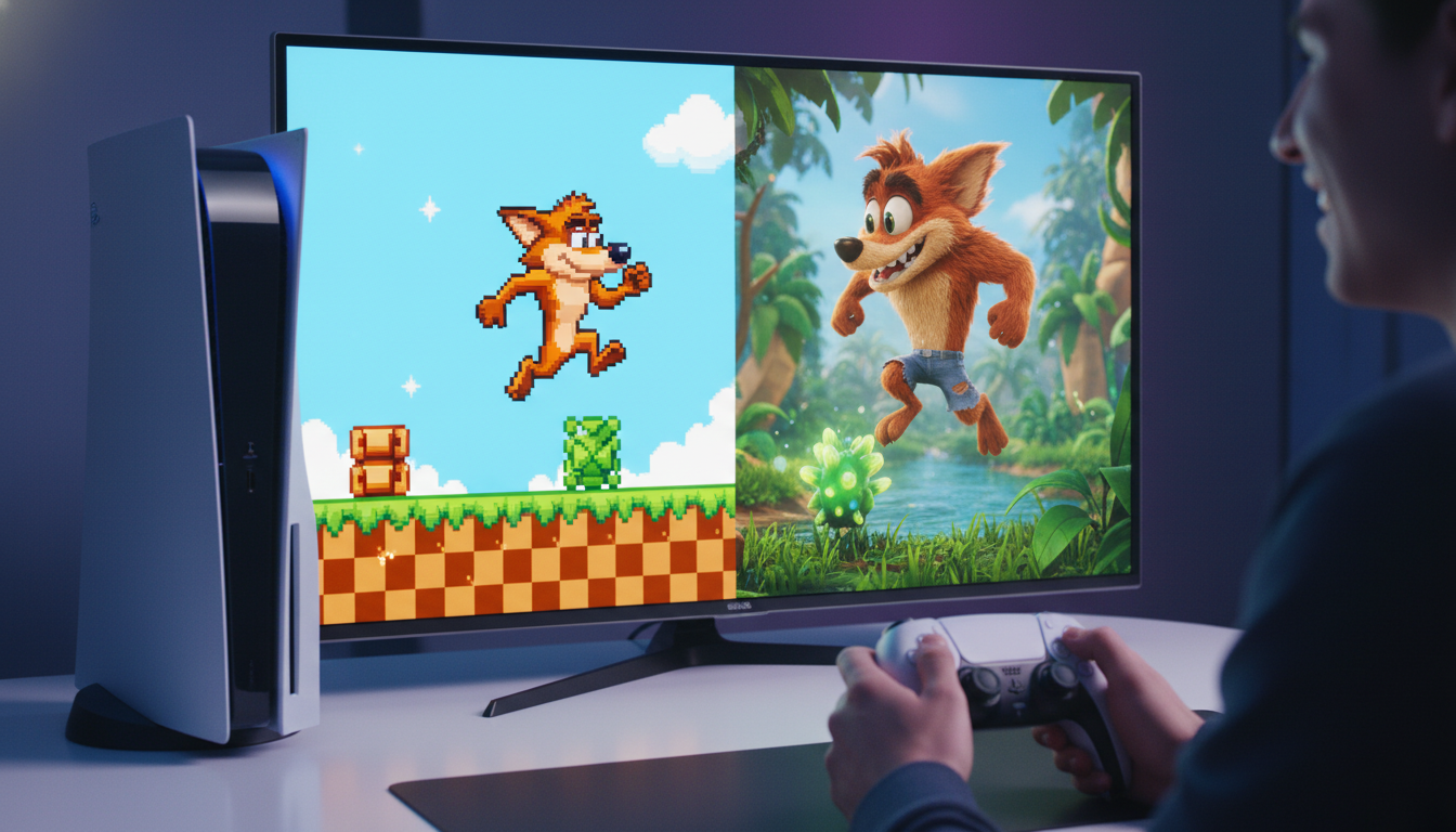 Imagem mostrando a evolução de um jogo de plataforma clássico remasterizado para PS5, com Crash Bandicoot ou Spyro.
