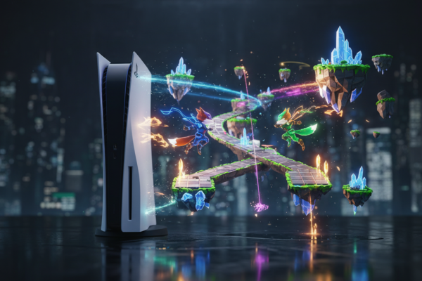 Console PS5 exibindo jogos de plataforma futuristas de 2026 com gráficos vibrantes e personagens em ação.
