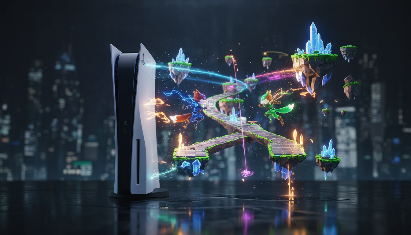 Console PS5 exibindo jogos de plataforma futuristas de 2026 com gráficos vibrantes e personagens em ação.