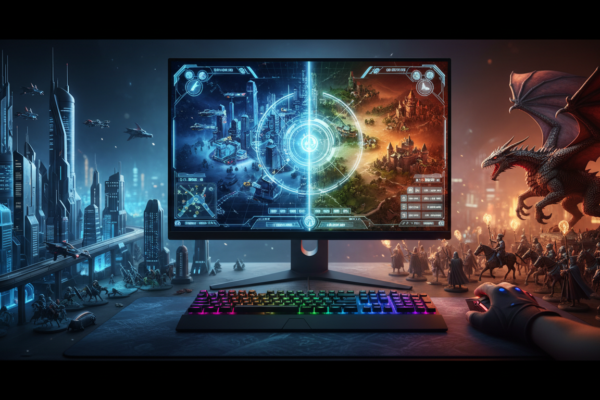 Imagem conceitual dos Lançamentos de Estratégia para PC em 2026 com cidade futurista, exército de fantasia e interface de jogo.