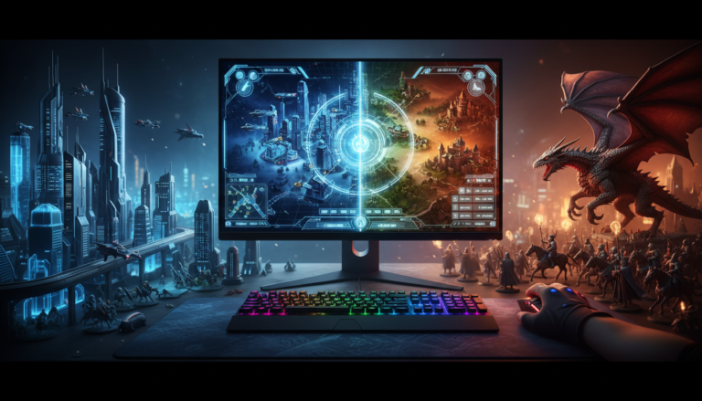 Imagem conceitual dos Lançamentos de Estratégia para PC em 2026 com cidade futurista, exército de fantasia e interface de jogo.