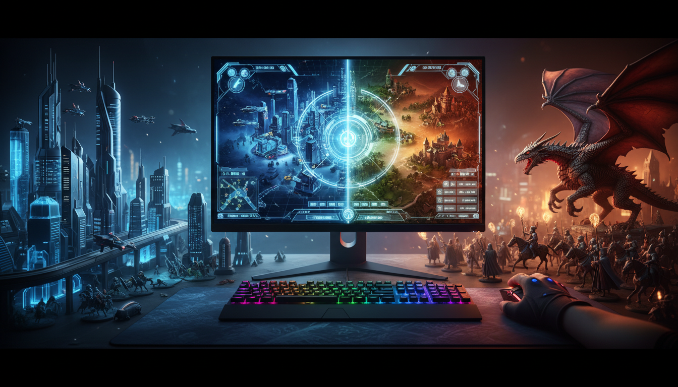 Imagem conceitual dos Lançamentos de Estratégia para PC em 2026 com cidade futurista, exército de fantasia e interface de jogo.