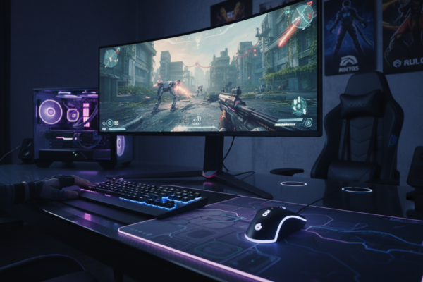 Setup gamer com FPS 2026, PC de alta performance, gráficos realistas, ray tracing, jogo de tiro.