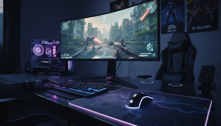 Setup gamer com FPS 2026, PC de alta performance, gráficos realistas, ray tracing, jogo de tiro.