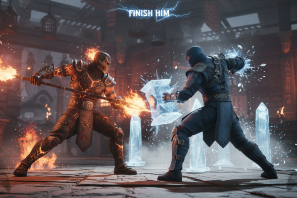 Scorpion e Sub-Zero lutando em Mortal Kombat 11 PS5 com gráficos de alta qualidade