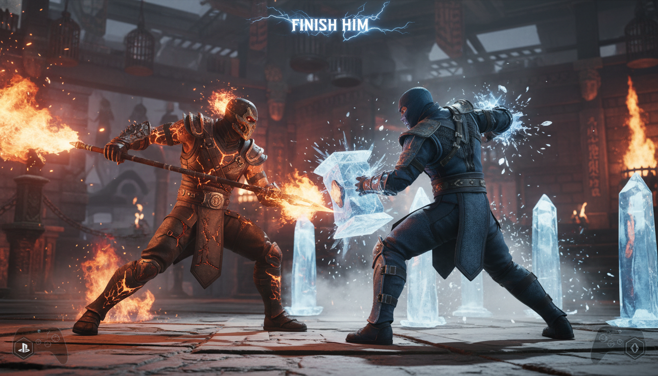 Scorpion e Sub-Zero lutando em Mortal Kombat 11 PS5 com gráficos de alta qualidade
