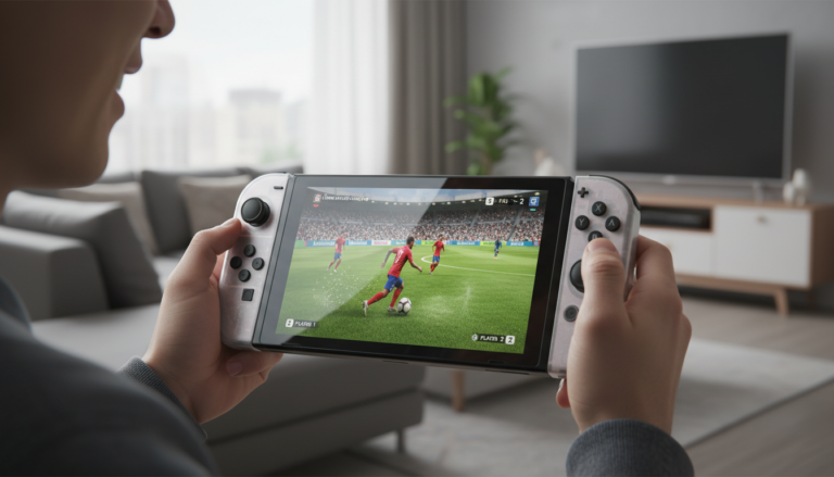 Pessoa jogando futebol online no Nintendo Switch 2 em modo portátil