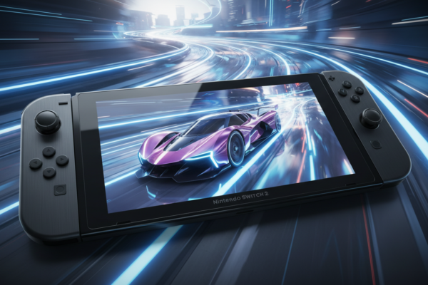 Nintendo Switch 2 com jogo de corrida futurista, gráficos avançados, reflexos realistas, velocidade e imersão