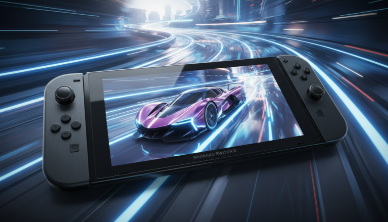 Nintendo Switch 2 com jogo de corrida futurista, gráficos avançados, reflexos realistas, velocidade e imersão